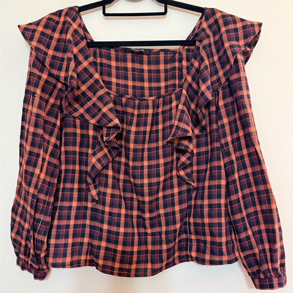 Madewell Plaid Ruffle Blouse in Black and Orange